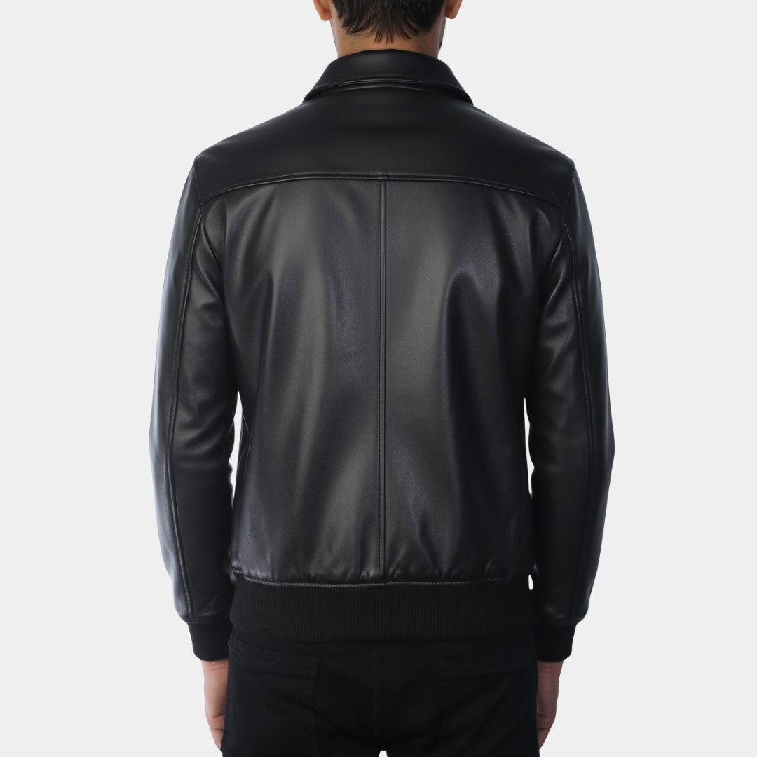 Black Leather Bomber Jacket with Classic Shirt Collar - Back View