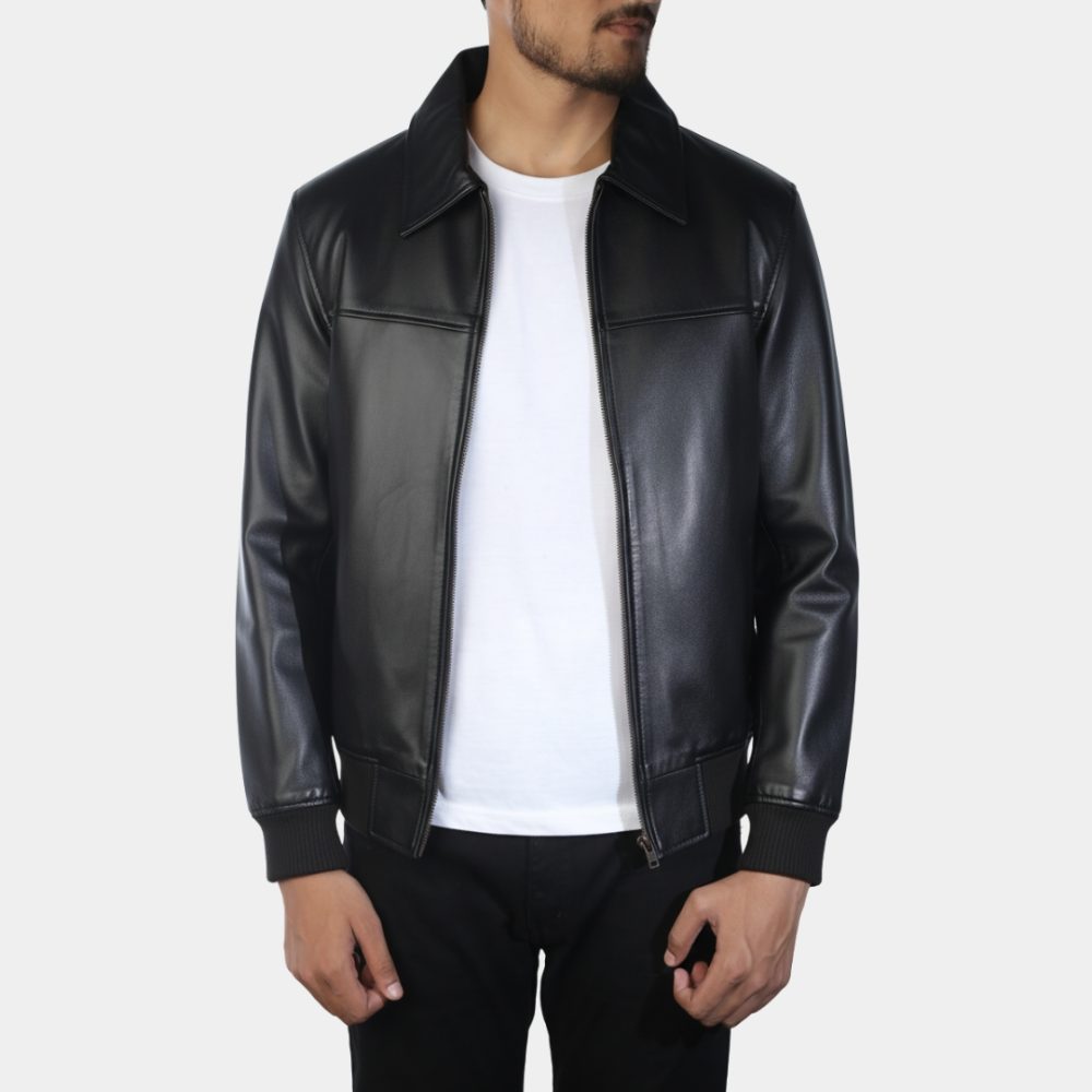 Black Leather Bomber Jacket with Shirt Collar with Open Front