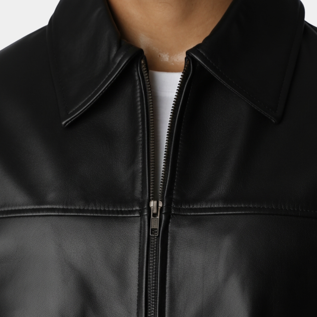 Black Leather Bomber Jacket with Shirt Collar - Zipper Closure