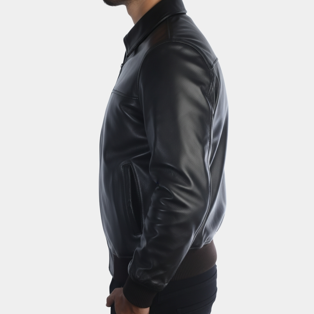 Black Leather Bomber Jacket with Shirt Collar - Left View