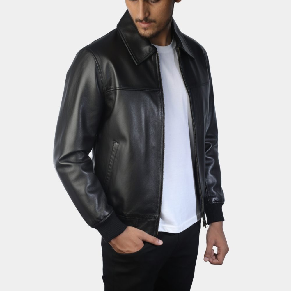 Black Leather Bomber Jacket with Shirt Collar - Right View