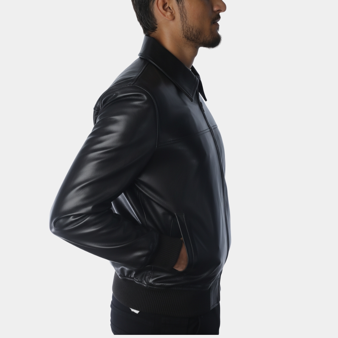 Black Leather Bomber Jacket with Shirt Collar - Right Side View