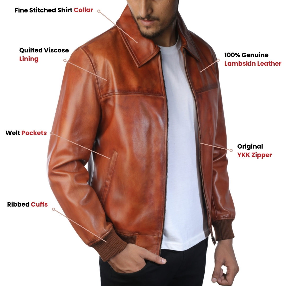Xander Brown Leather Bomber Jacket - Structered Details
