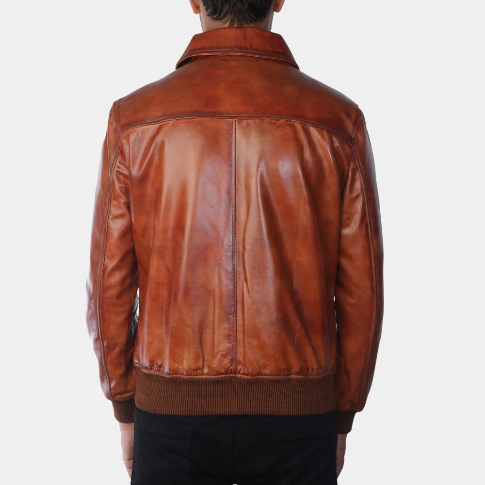 Classic Shirt Collar Vintage Brown Leather Bomber Jacket - Back