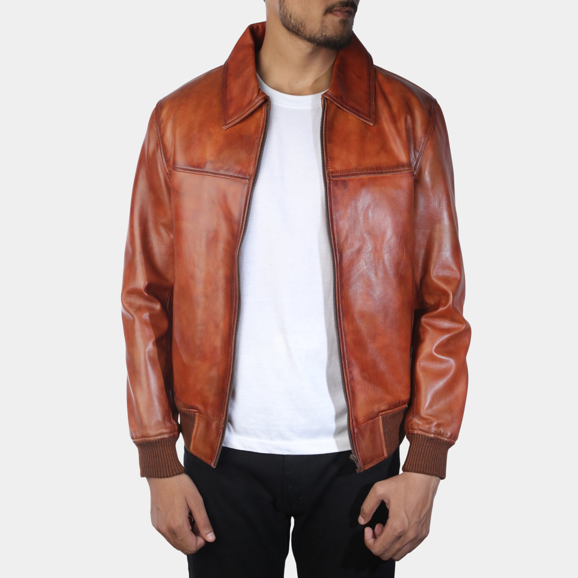 Vintage Rustic Brown Leather Bomber Jacket With Shirt Collar