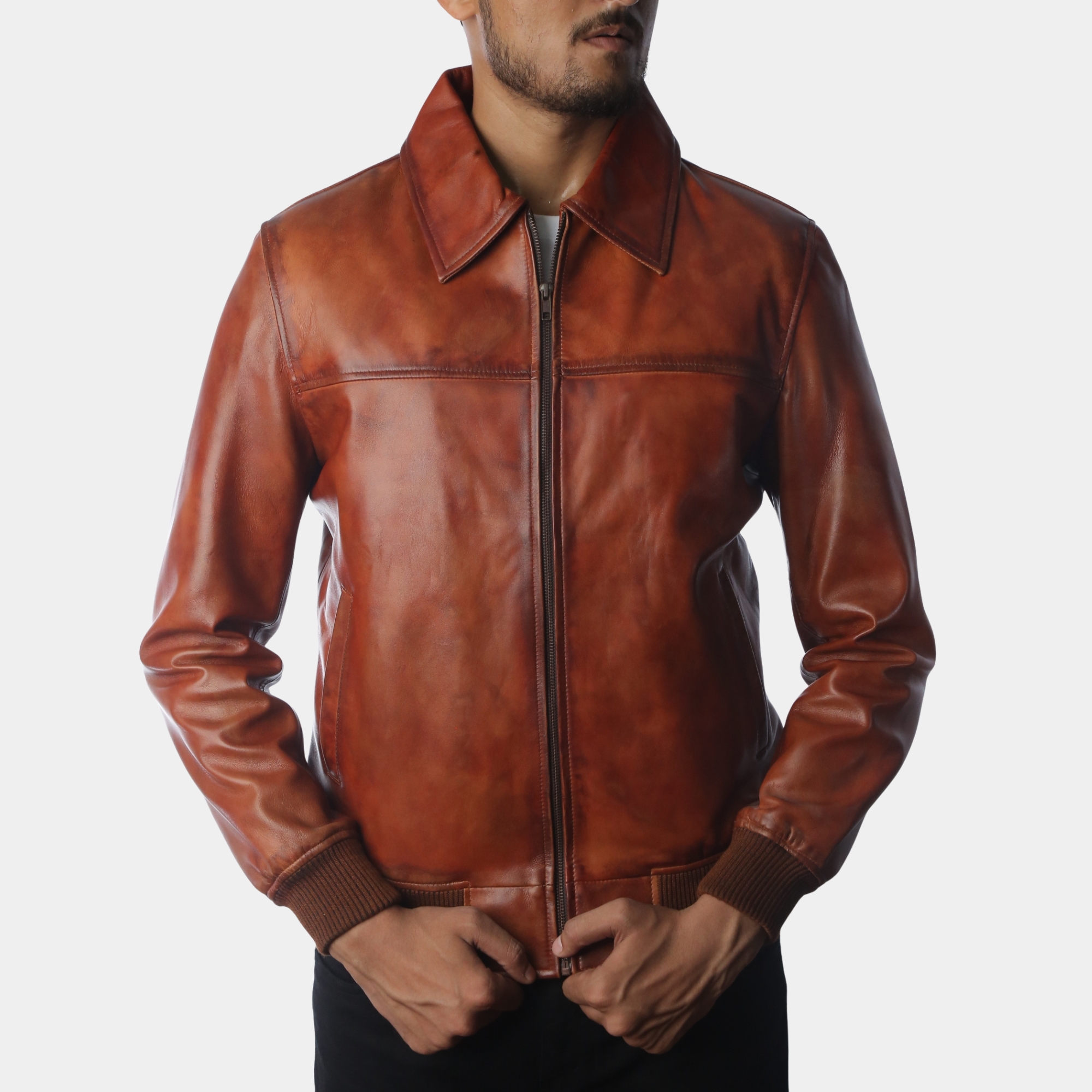 Classic Shirt Collar Vintage Brown Leather Bomber Jacket - ZIppered Fastening