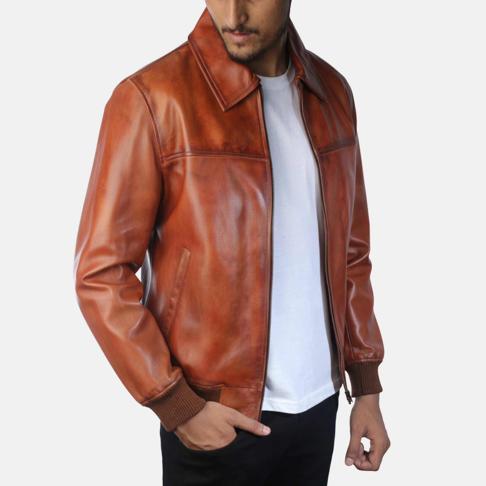 Vintage Brown Leather Bomber Jacket With Shirt Collar