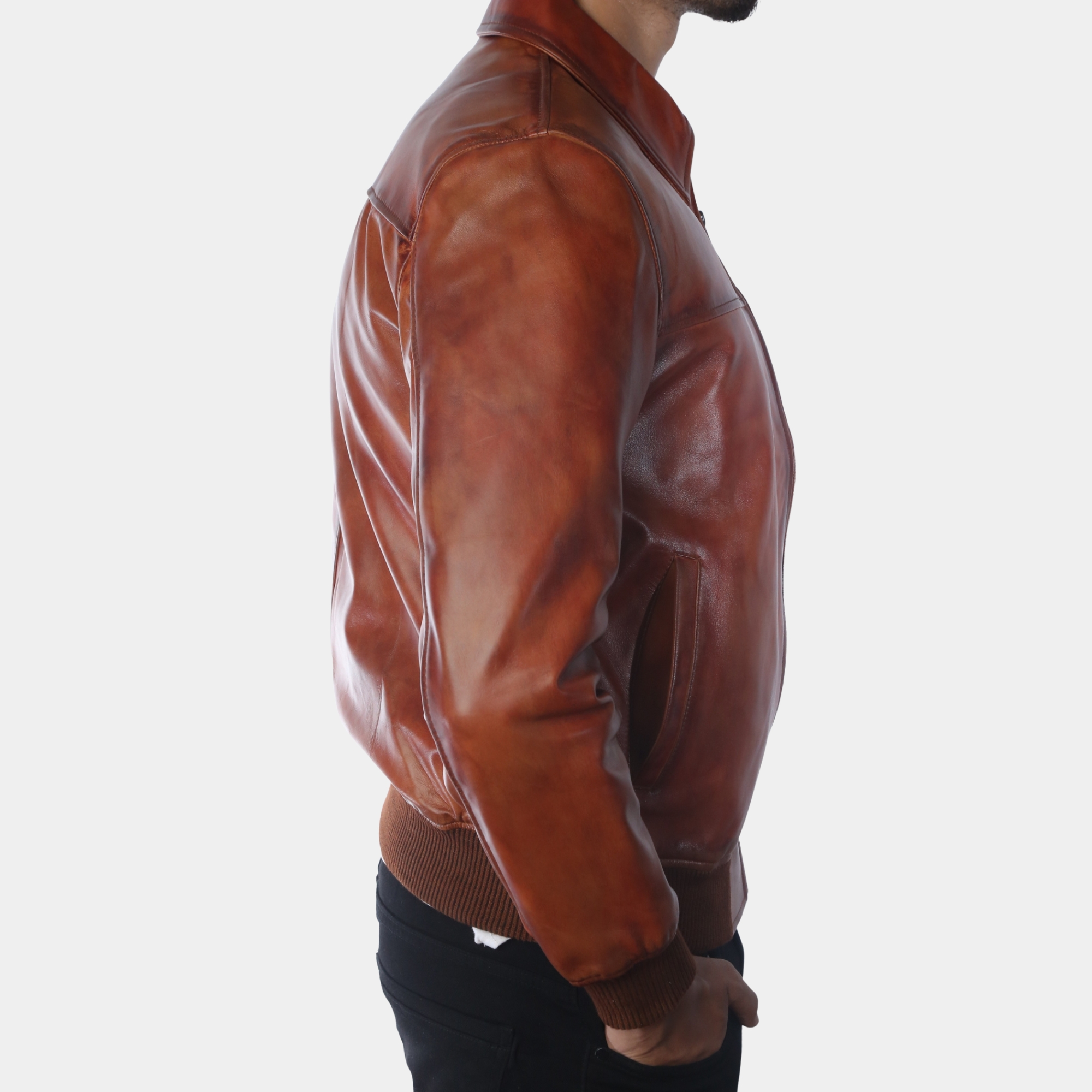 Classic Shirt Collar Vintage Brown Leather Bomber Jacket - Right Side