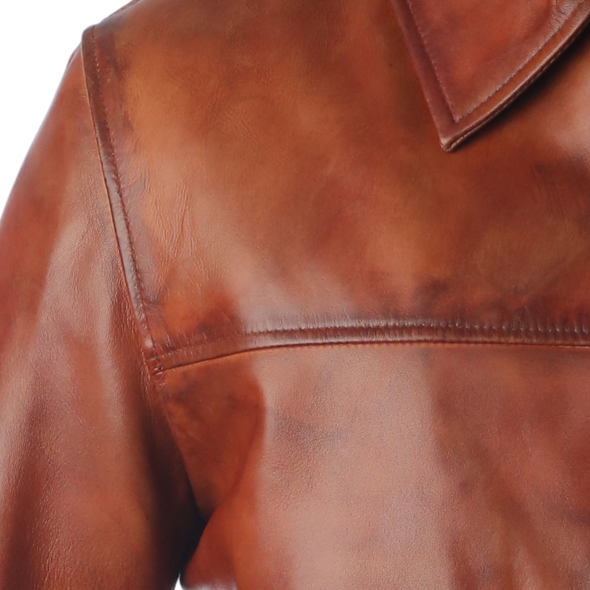 Classic Shirt Collar Vintage Brown Leather Bomber Jacket - Structrered Shoulders