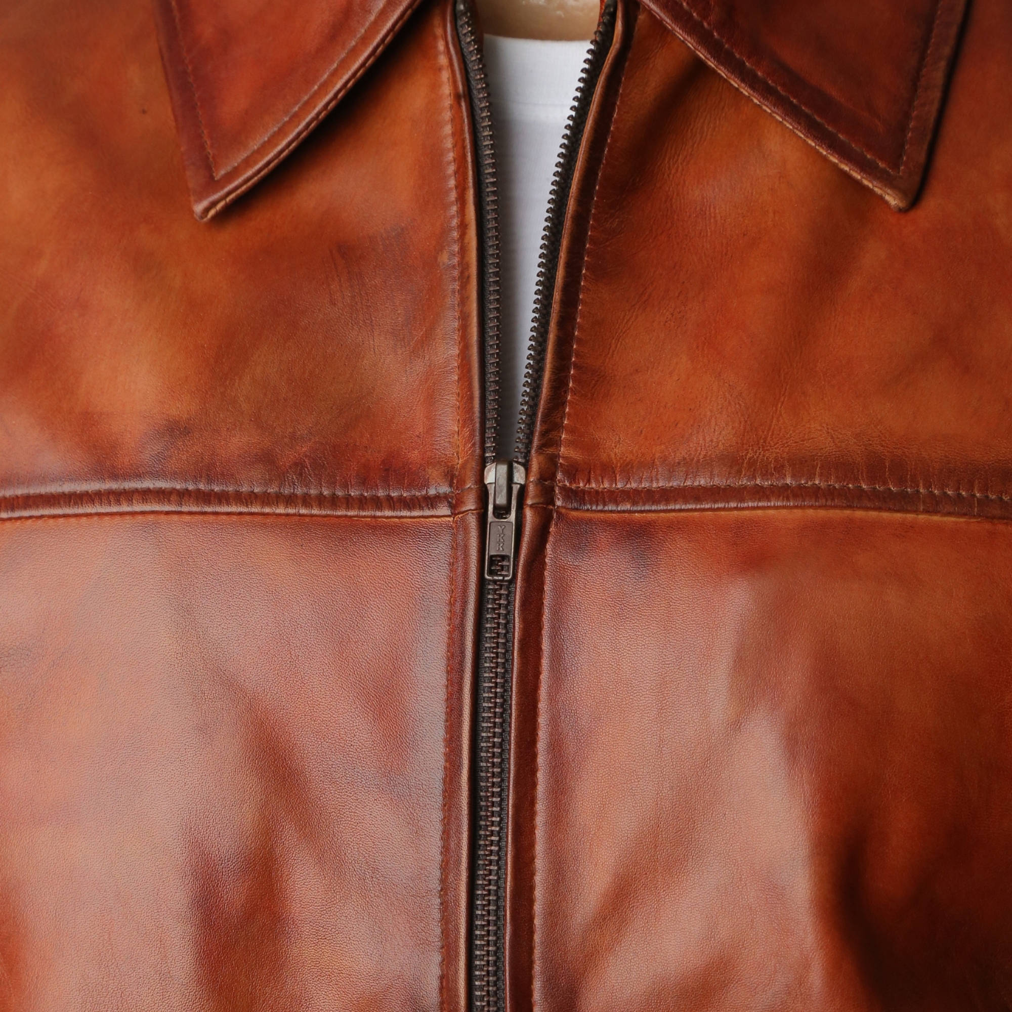 Classic Shirt Collar Vintage Brown Leather Bomber Jacket with YKK Zipper