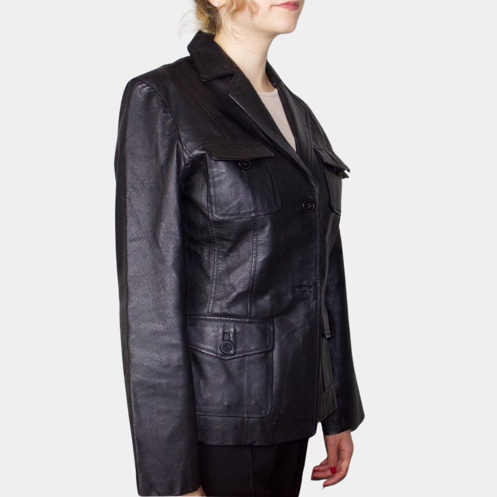 Riot Women 2025 Tamsin Greig Holly Black Leather Jacket - Side View