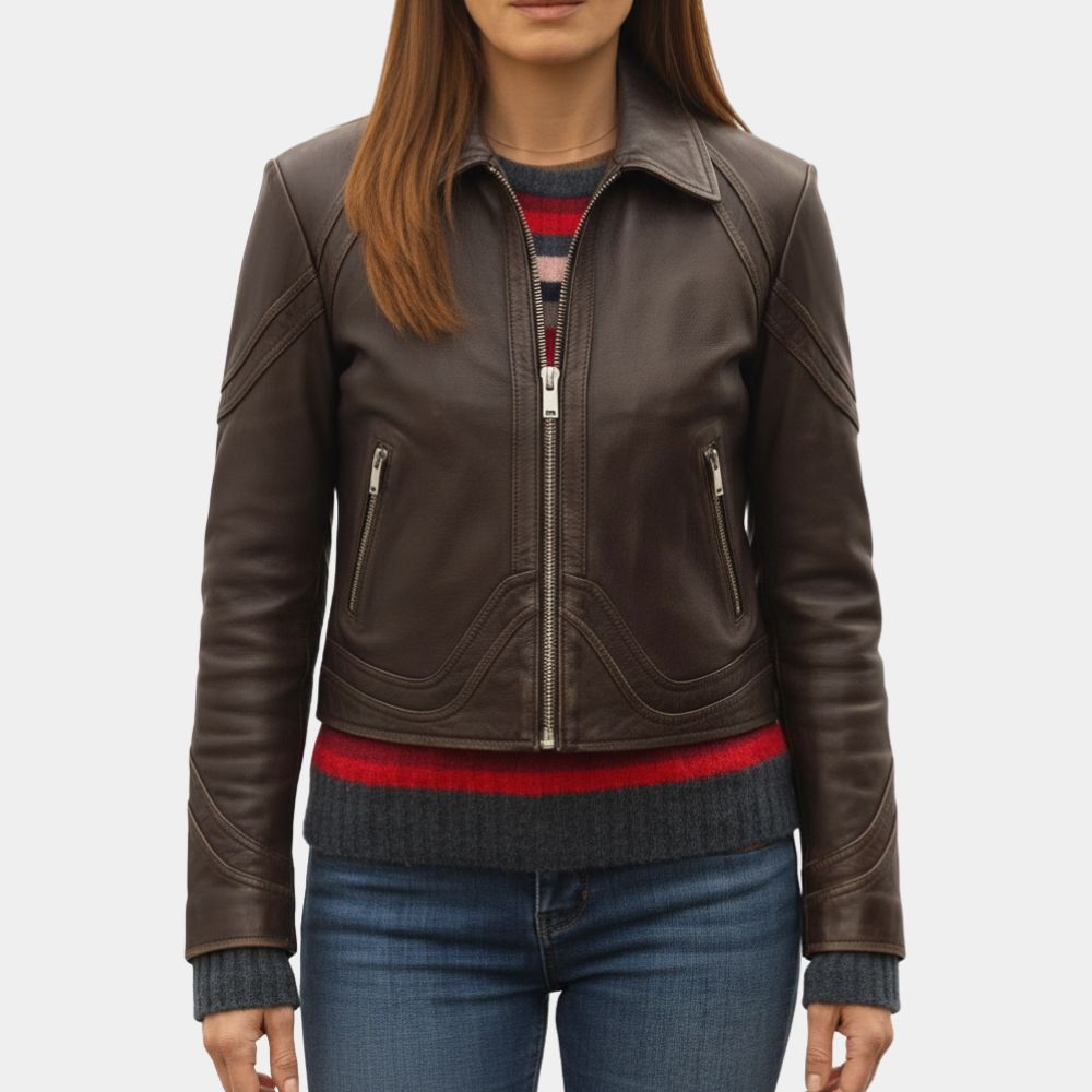 The Family Plan 2 Michelle Monaghan (Jessica Morgan) Brown Leather Jacket - Front View